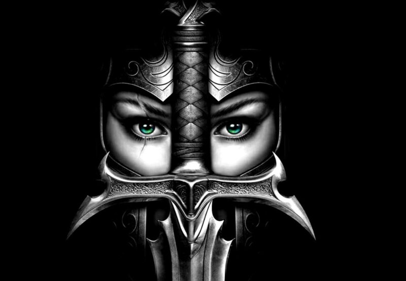 Woman with Sword — Black, Dramatic, Digital Art, Eyes