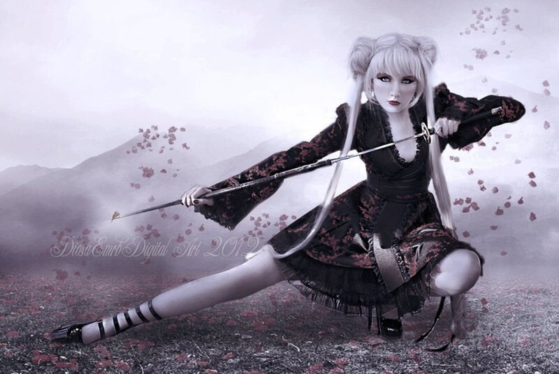 Woman with Sword — Black, Dramatic, Digital Art, Flower Petals
