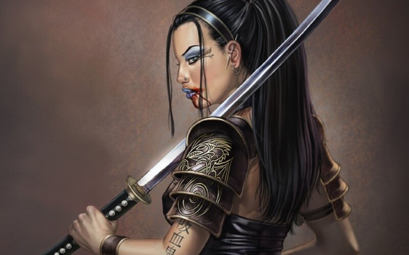 Woman with Sword — Black, Dramatic, Digital Art, Tattoo