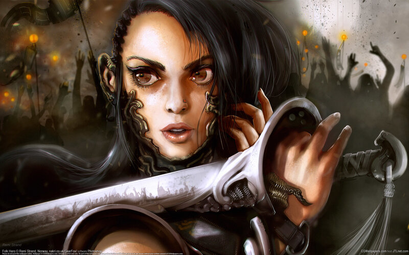 Woman with Sword — Black, Dramatic, Digital Art