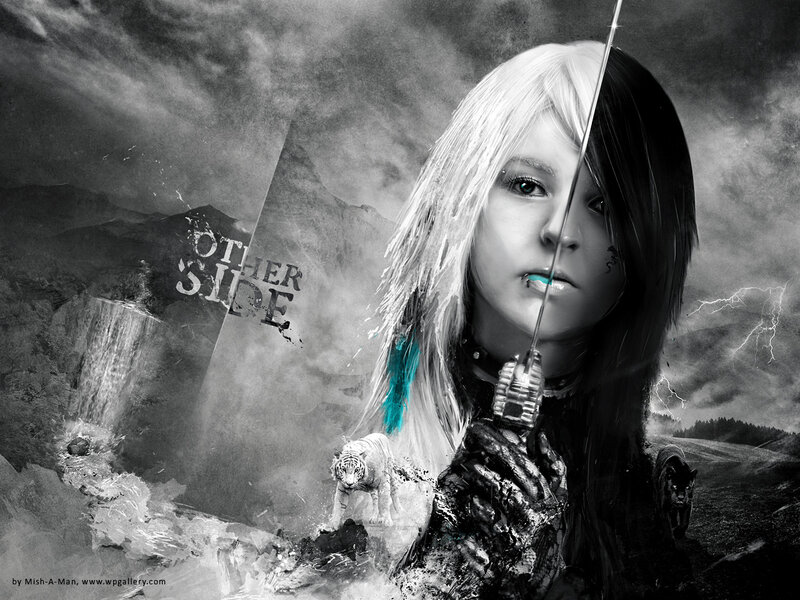 Woman with Sword — Black, Dramatic, Digital Art, Tiger