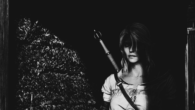 Woman with Sword — Black, Dramatic, Night, 3d Render, Wooden Wall