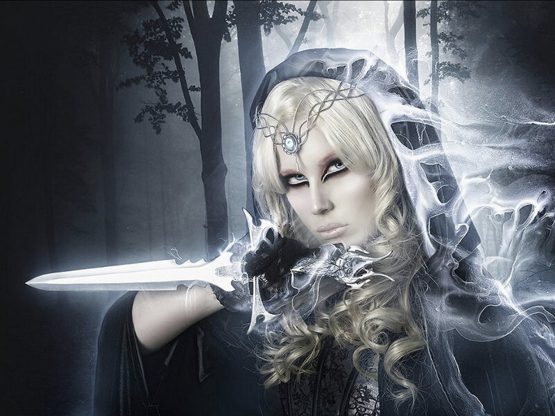 Woman with Sword — Black, Dramatic, Night, Digital Art, Forest