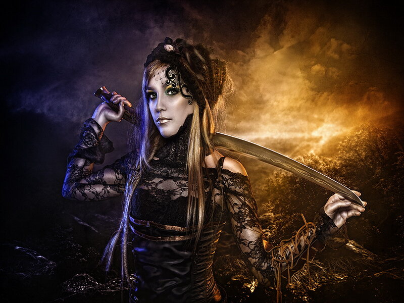 Woman with Sword — Black, Dramatic, Night, Photograph