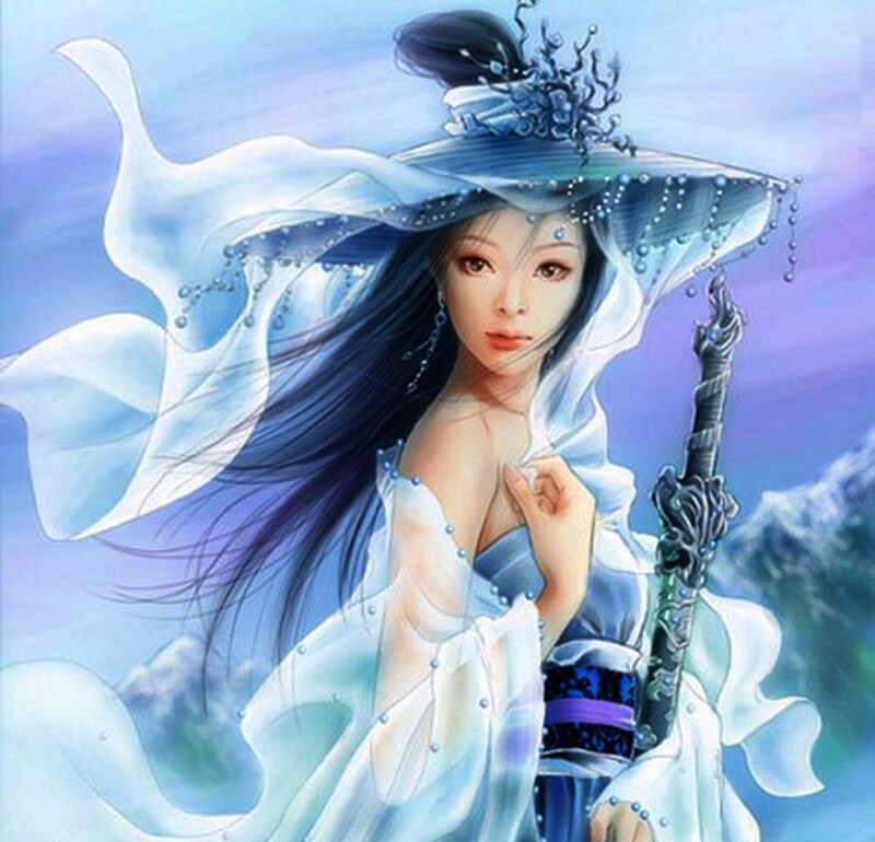 Woman with Sword — Blue, Dramatic, Digital Art