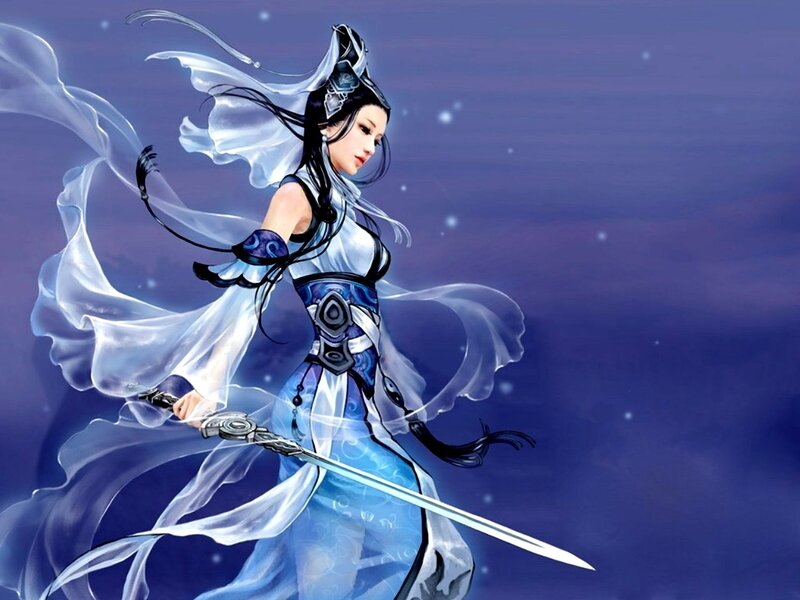 Woman with Sword — Blue, Dramatic, Night, Digital Art, Flowing Clothes