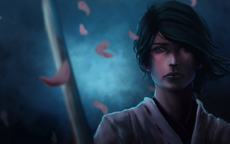 Woman with Sword — Blue, Dramatic, Night, Digital Art, Petals