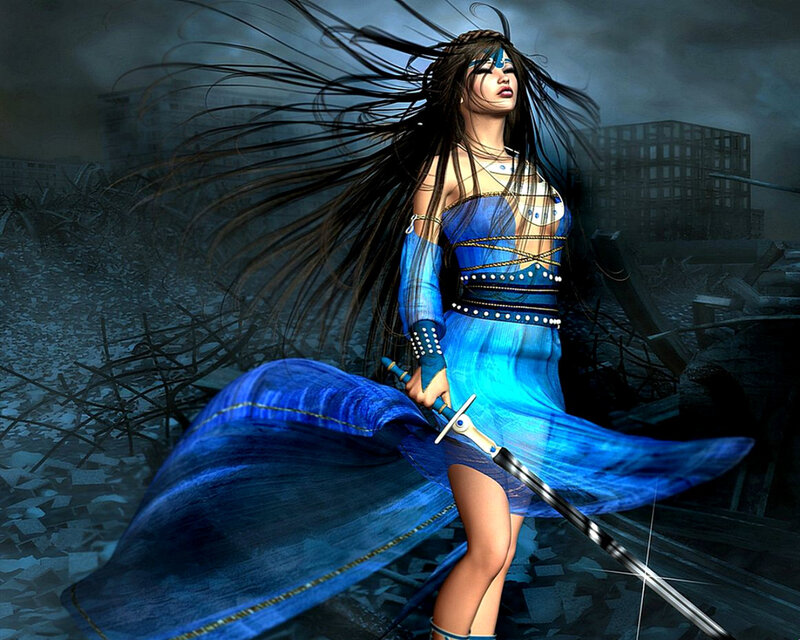 Woman with Sword — Blue, Dramatic, Night, Digital Art, Ruins