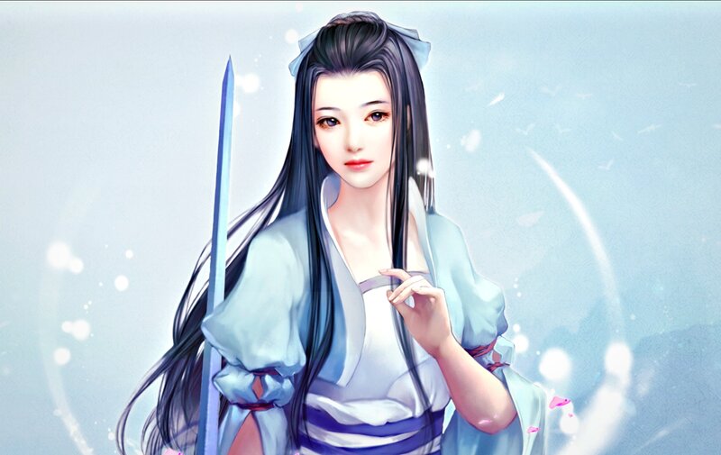 Woman with Sword — Blue, Serene, Digital Art, Long Hair