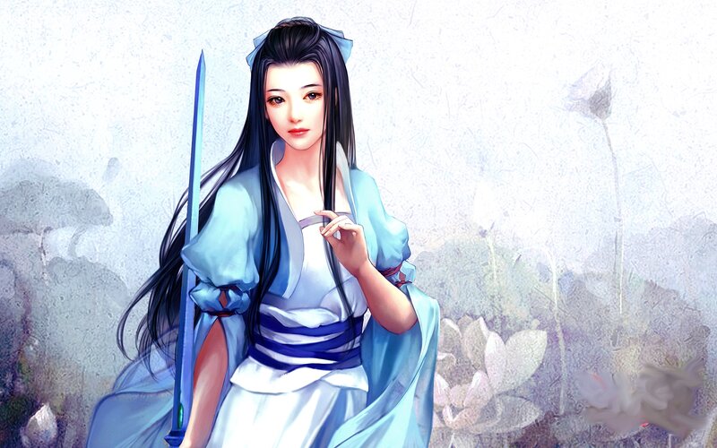 Woman with Sword — Blue, Serene, Digital Art