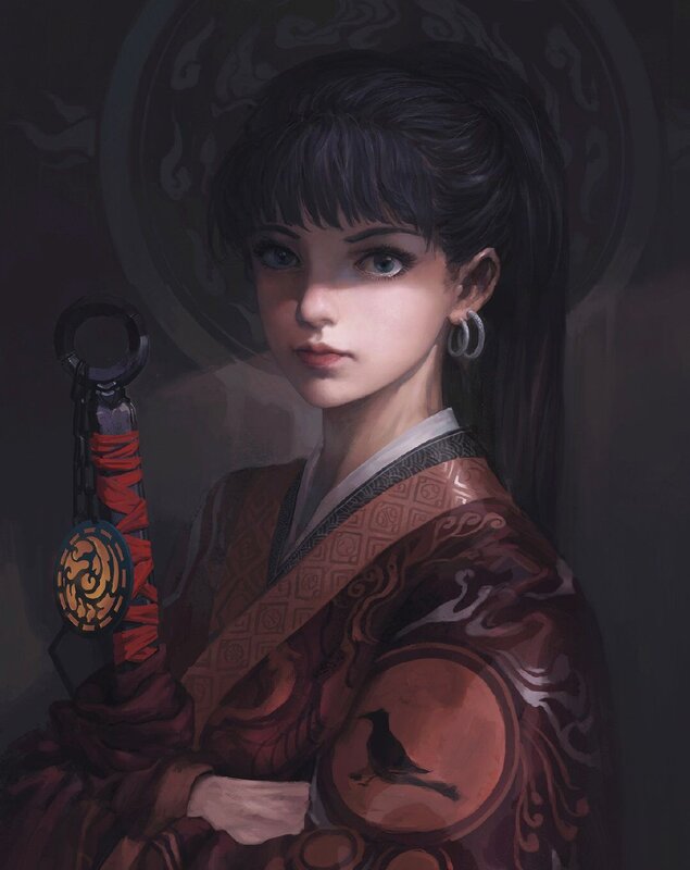 Woman with Sword — Brown, Dramatic, Digital Art, Earrings