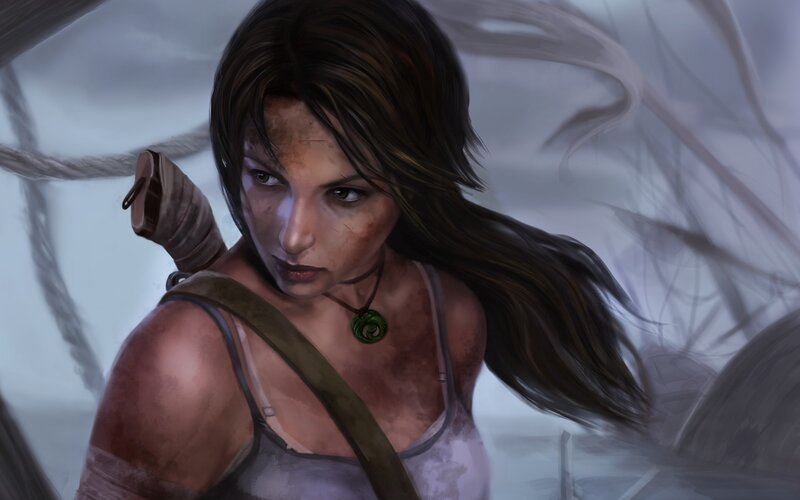 Woman with Sword — Brown, Dramatic, Digital Art, Necklace