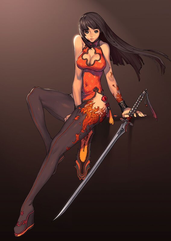 Woman with Sword — Brown, Dramatic, Digital Art, Tattoo, Long Hair