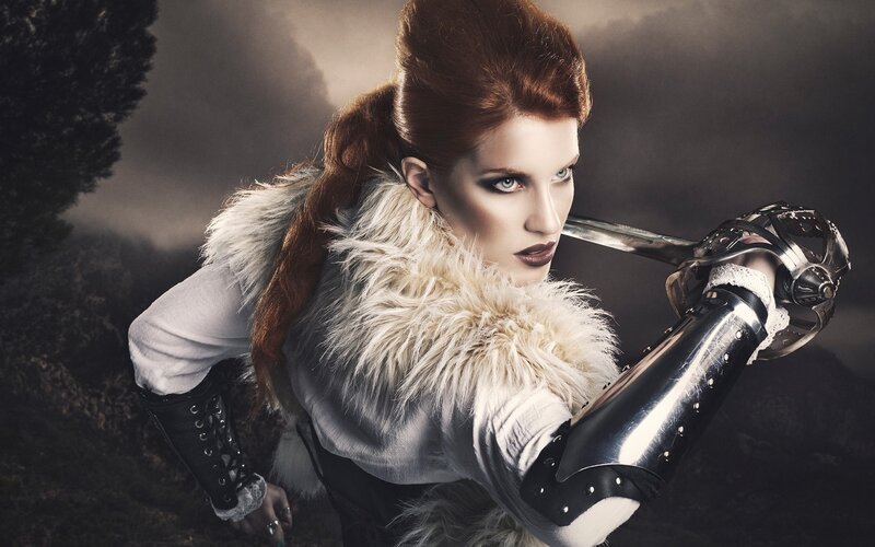 Woman with Sword — Brown, Dramatic, Photograph, Fur Collar