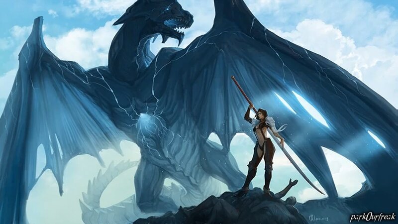 Woman with Sword Facing Dragon — Blue, Dramatic, Afternoon, Digital Art, Clouds