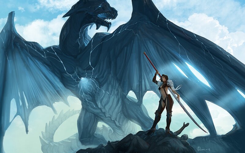 Woman with Sword Facing Dragon — Blue