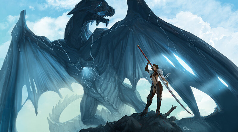 Woman with Sword Facing Dragon