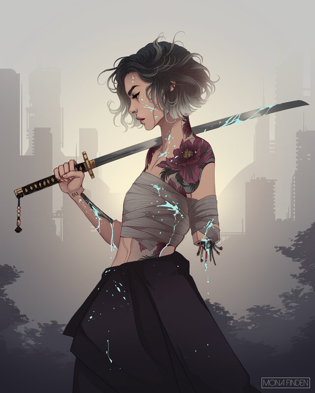 Woman with Sword — Gray, Dramatic, Digital Art, Tattoo
