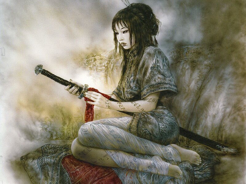 Woman with Sword — Gray, Dramatic, Digital Art