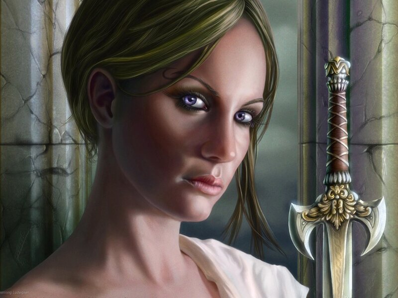 Woman with Sword — Green, Dramatic, Digital Art