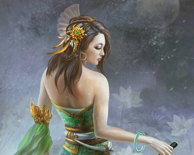 Woman with Sword — Green, Dramatic, Night, Digital Art