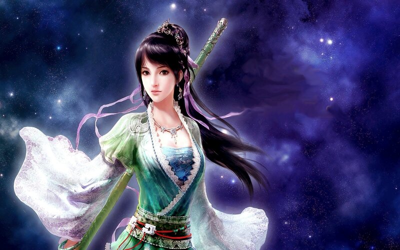 Woman with Sword — Green, Dramatic