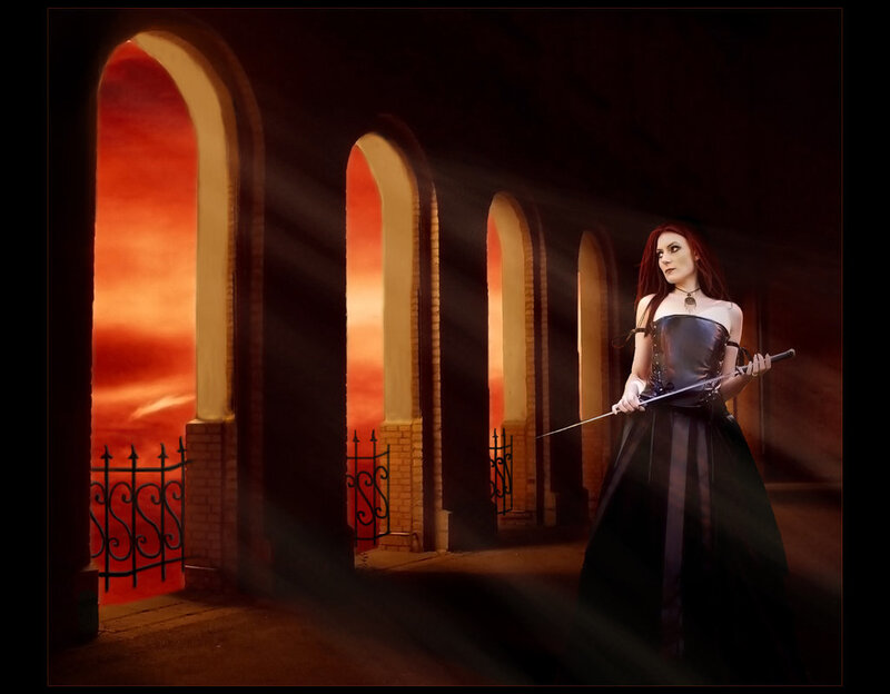 Woman with sword in archway