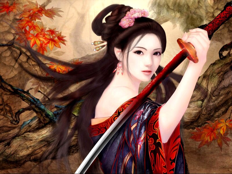 Woman with sword in autumn
