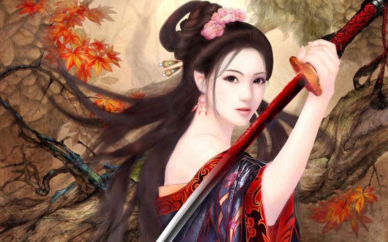 woman with sword in autumn