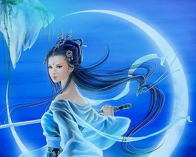 woman with sword in blue