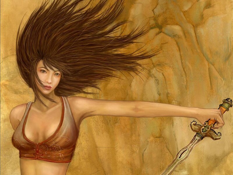 woman with sword in cave