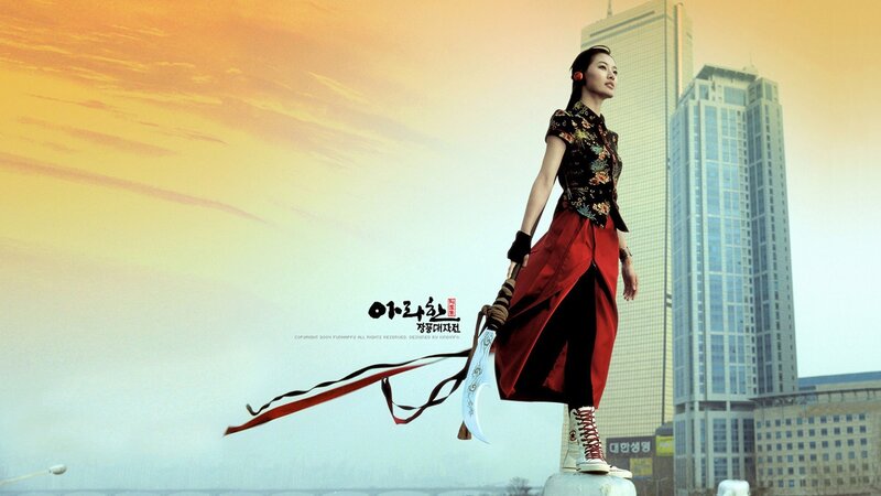 woman with sword in city