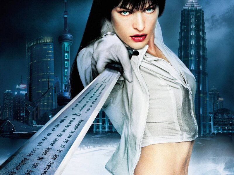 Woman with sword in city