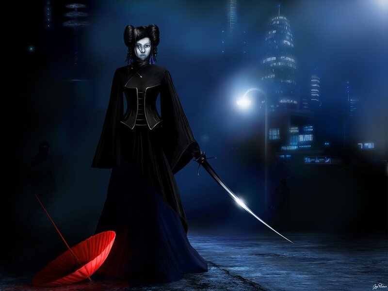Woman with sword in city