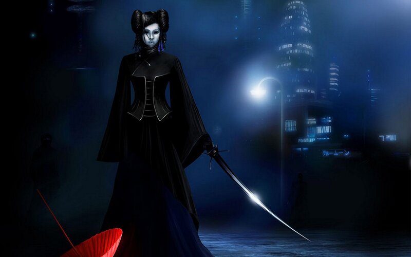 Woman with sword in city