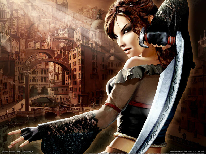 Woman with sword in city