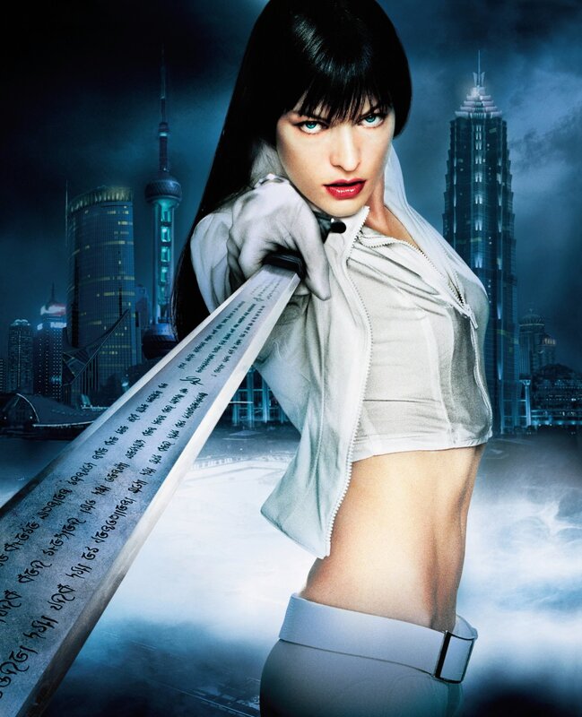 Woman with sword in city