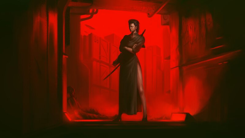 Woman with Sword in Corridor — Red