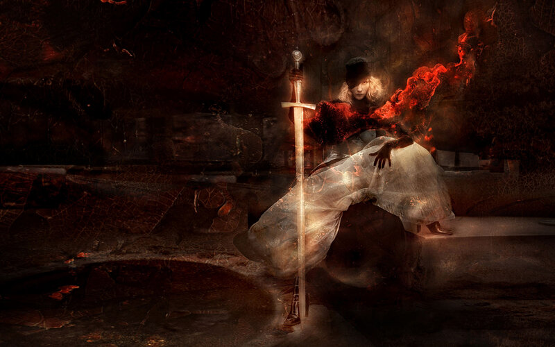 Woman with sword in dark cave