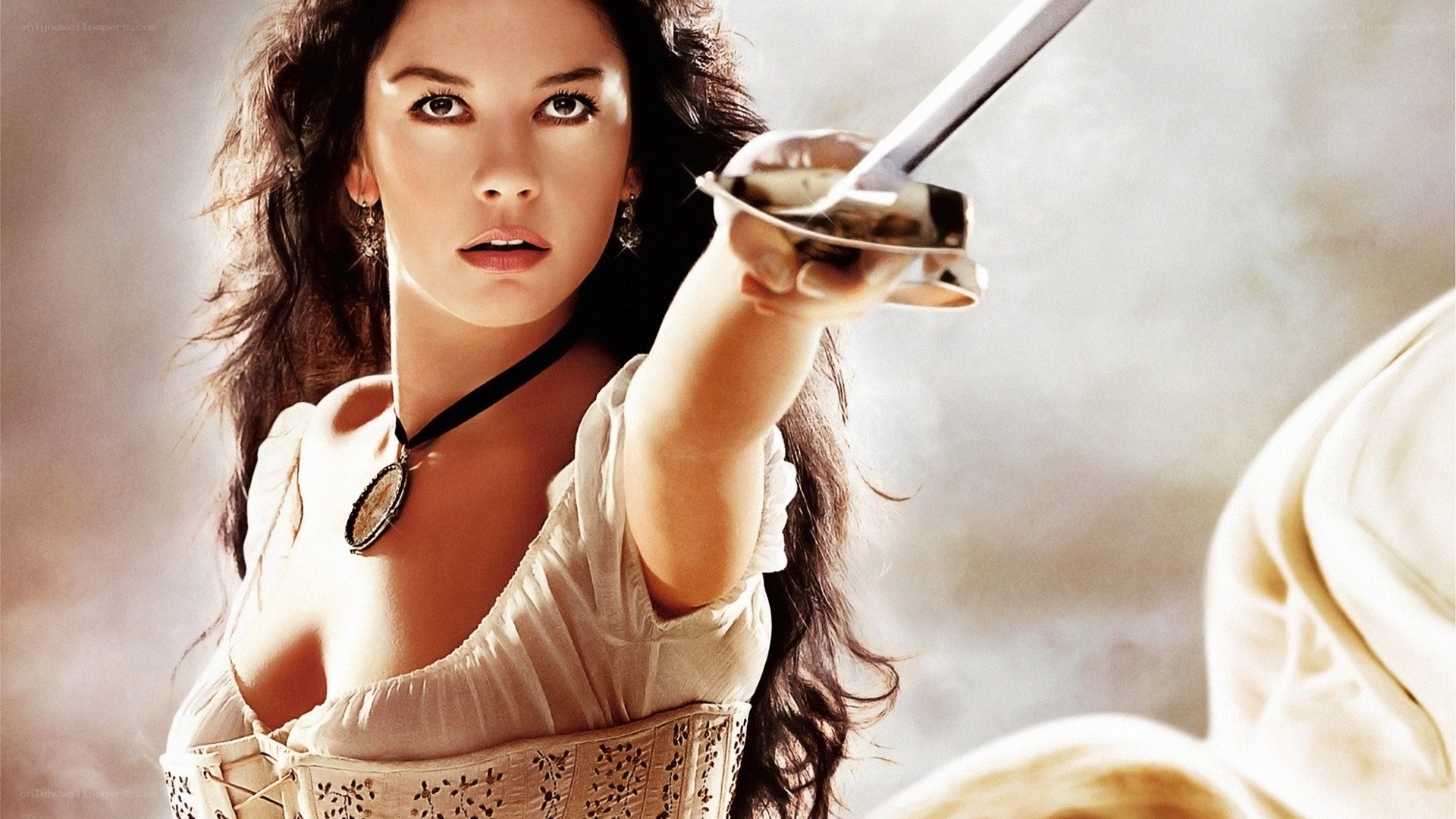 Woman with sword in dramatic pose