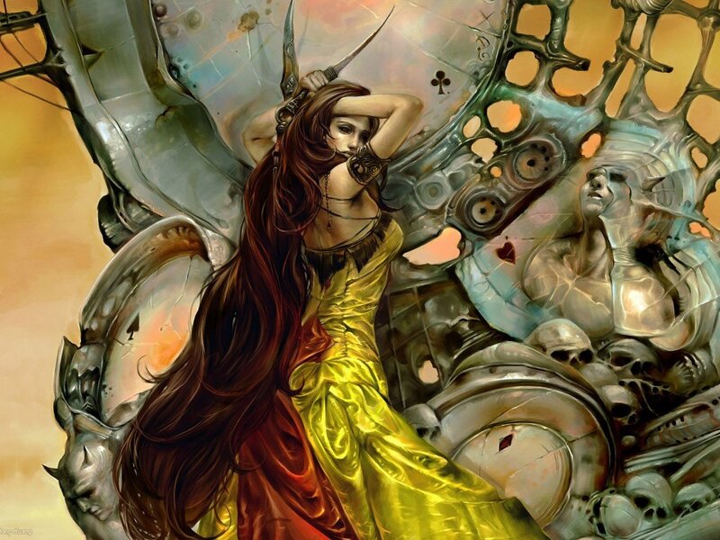 Woman with sword in fantasy scene