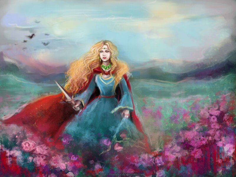 Woman with Sword in Field — Blue