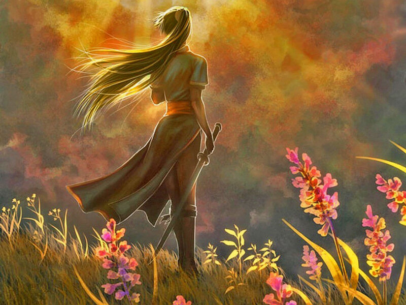 Woman with Sword in Field — Orange
