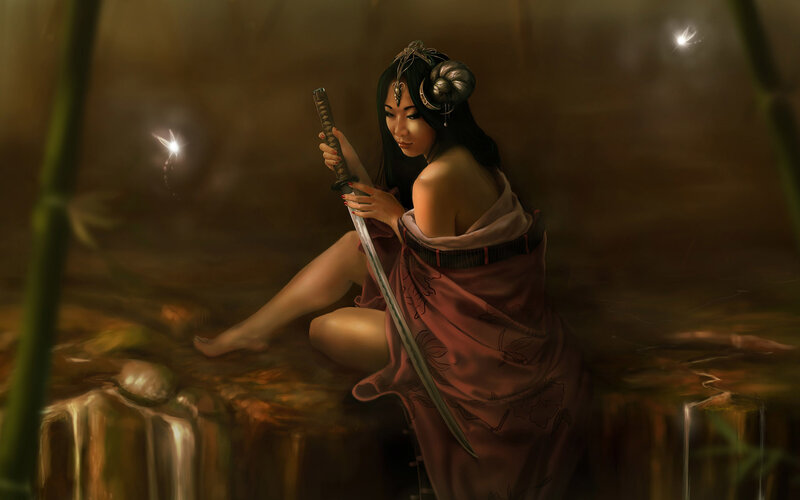 Woman with sword in forest