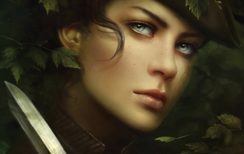 woman with sword in forest