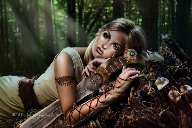 woman with sword in forest
