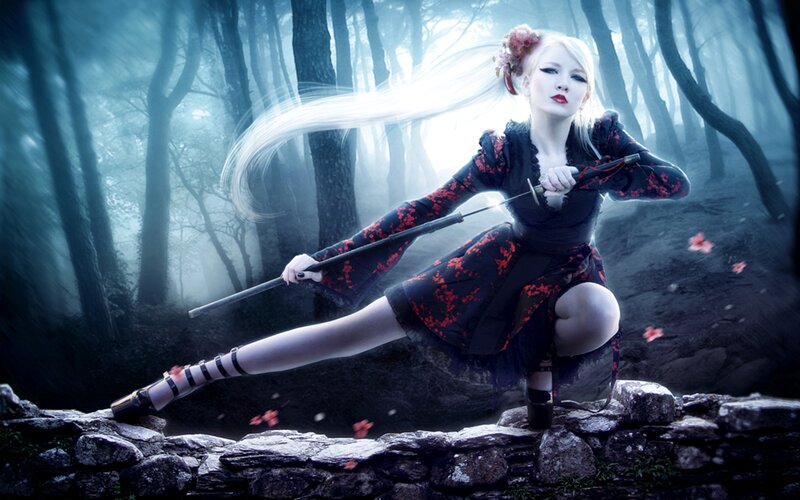 Woman with Sword in Forest — Black