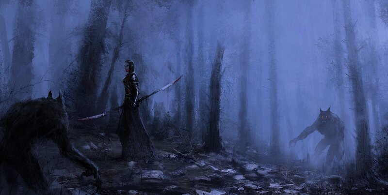 Woman with Sword in Forest — Blue