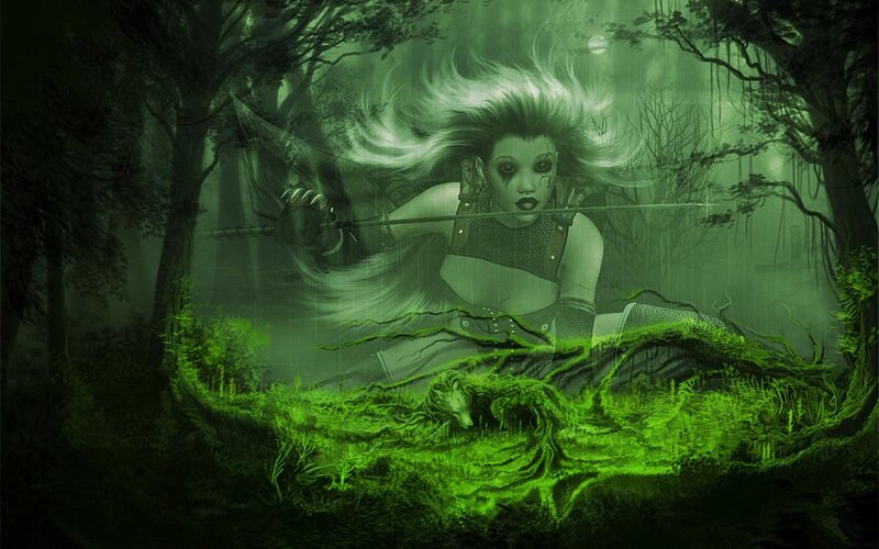 Woman with Sword in Forest — Green, Dark