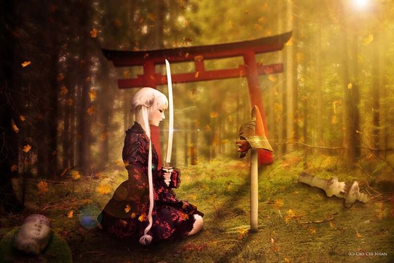 Woman with Sword in Forest — Green, Dramatic, Autumn